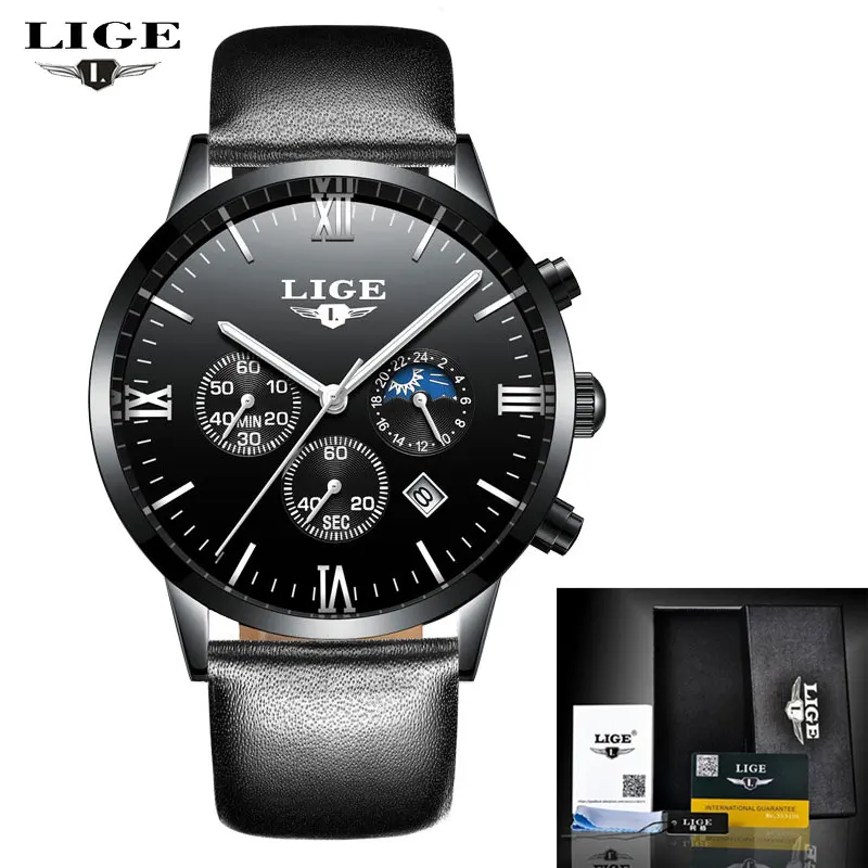 Leather Black LIGE новые мужские часы лучший бренд класса люкс мужские кварцевые часы человек полный стальной Многофункциональный Дата модные спортивные часы Relogio Masculino - Цвет: Leather Black