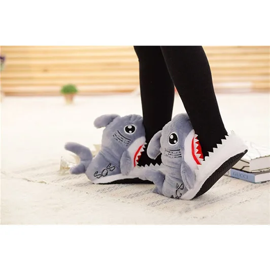 Funny Shark slippers for girls Winter Flock Short plush House shoes women Cute cartoon Bedroom slippers Flat with Soft