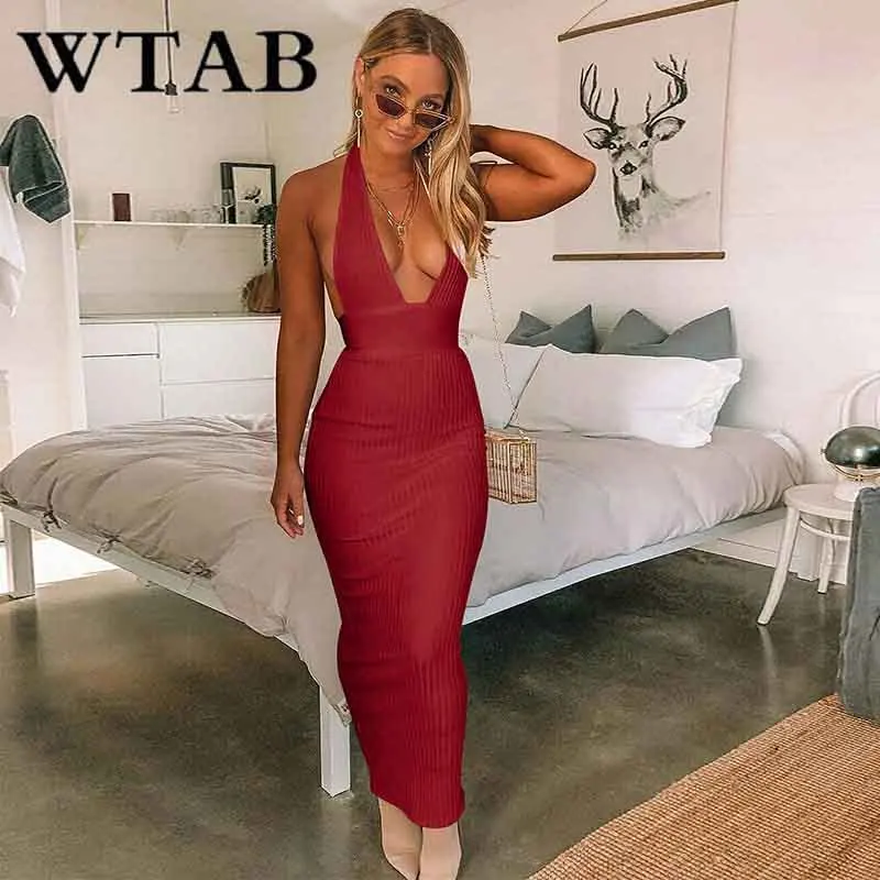 WTAB vestidos Полосатое летнее платье с лямкой на шее женское трикотажное открытой