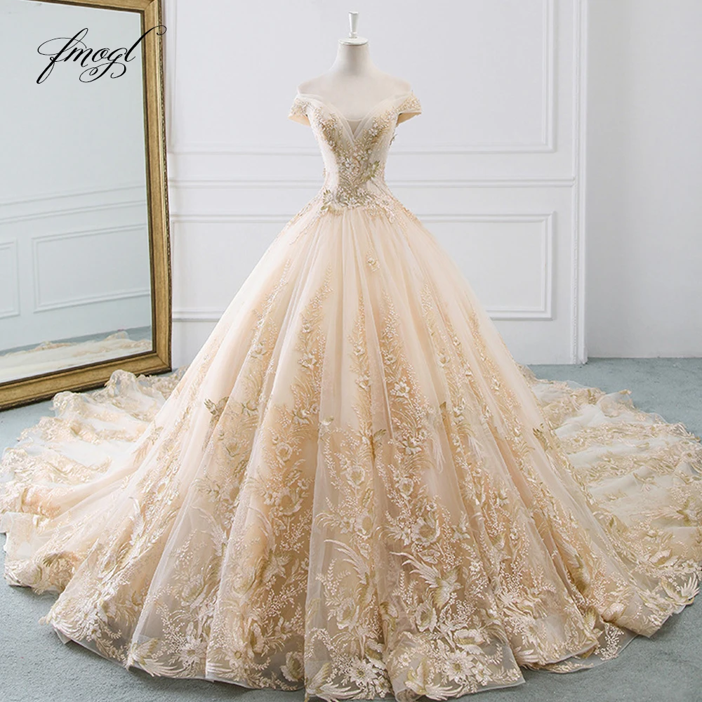 Кружевное бальное платье Fmogl Vestido De Noiva свадебное с вырезом лодочкой и аппликацией