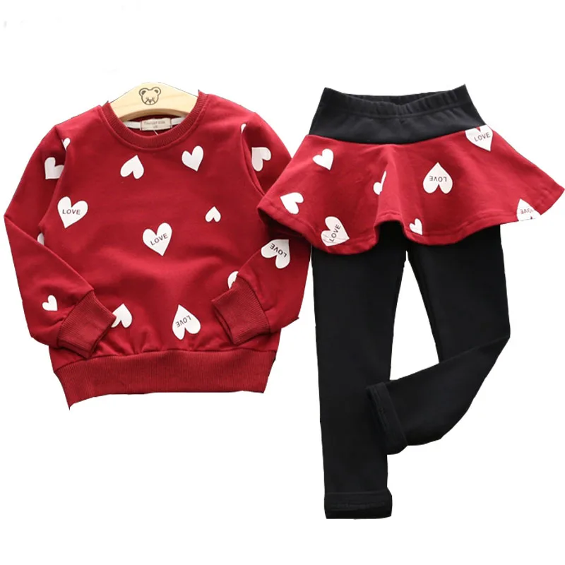 

Brand Girls Cute Love Heart Long Sleeve T Shirt Skirt Leggings Pants Clothes Sets Baby Children Kids Spring Autumn Clothing Set