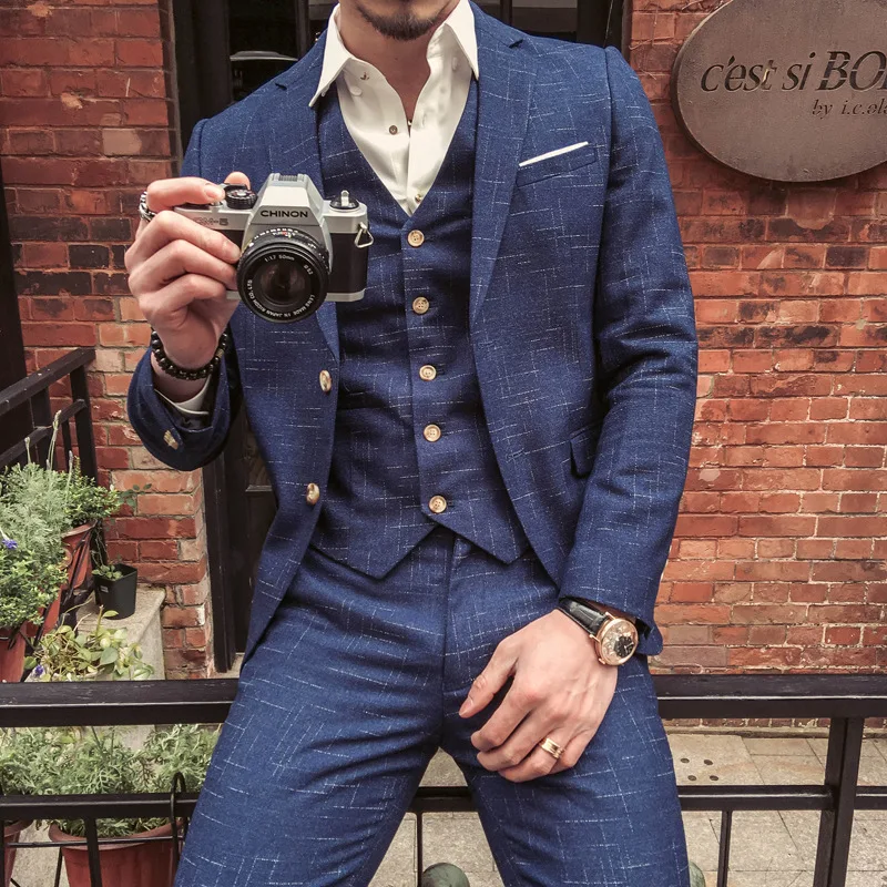 Slim Men's Blue Plaid Printing Blazers Male Three-piece Suits Jackets Men Plus Size Suit Groom and Groomsman Suit For Wedding