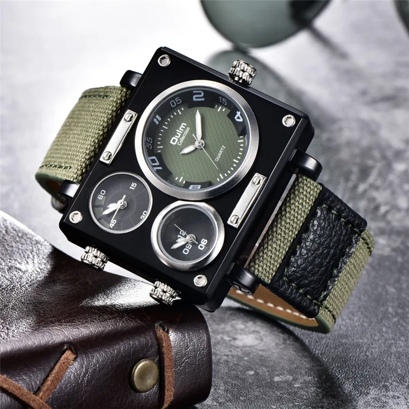 

Oulm Fashion New Watches Men Canvas Strap Wristwatch Male Quartz Clock Casual 3 Time Zone Sport Watch