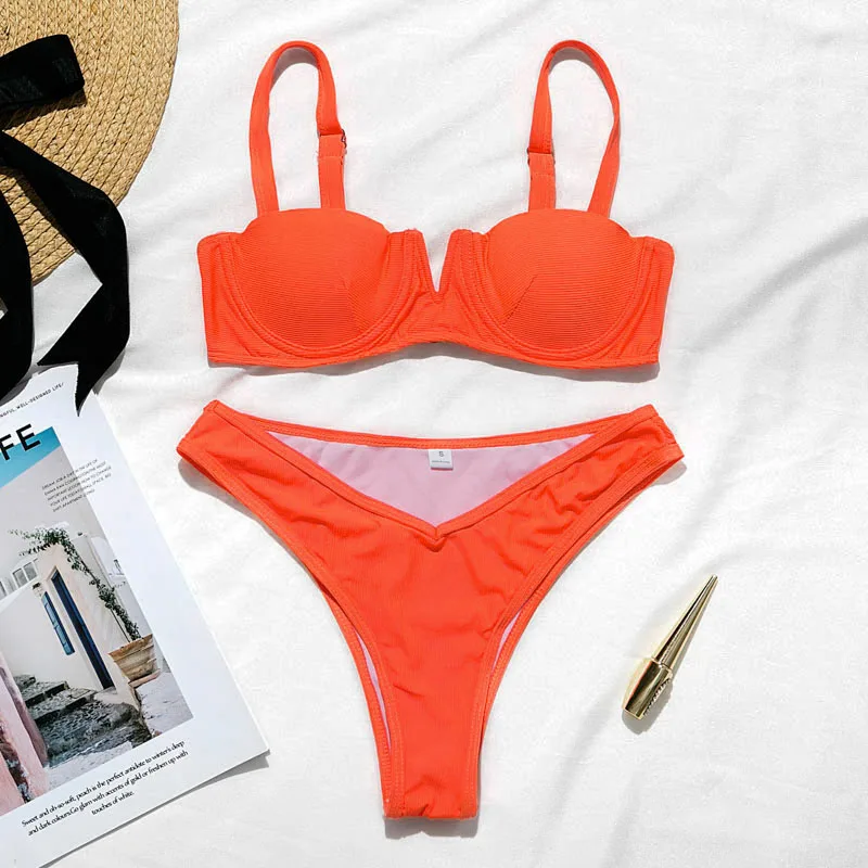 High waist bikini set V-neck swimsuit female bathing suit Neon green 2019 Push up swimwear women Summer beach wear | Женская одежда