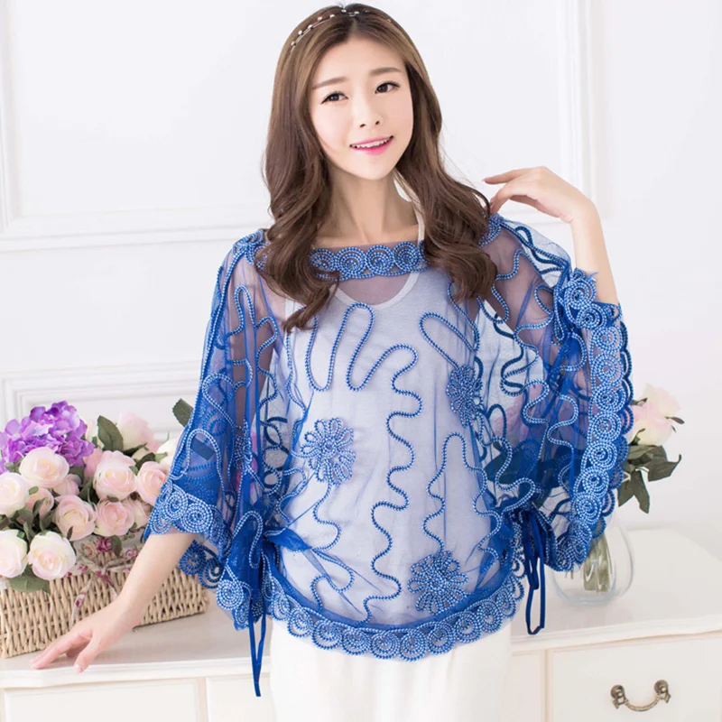 See-through Summer Lace Blouse Women Tops 2019 Korean Fashion Batwing Sleeve Sunproof Plus Size Cropped Flower femme | Женская одежда