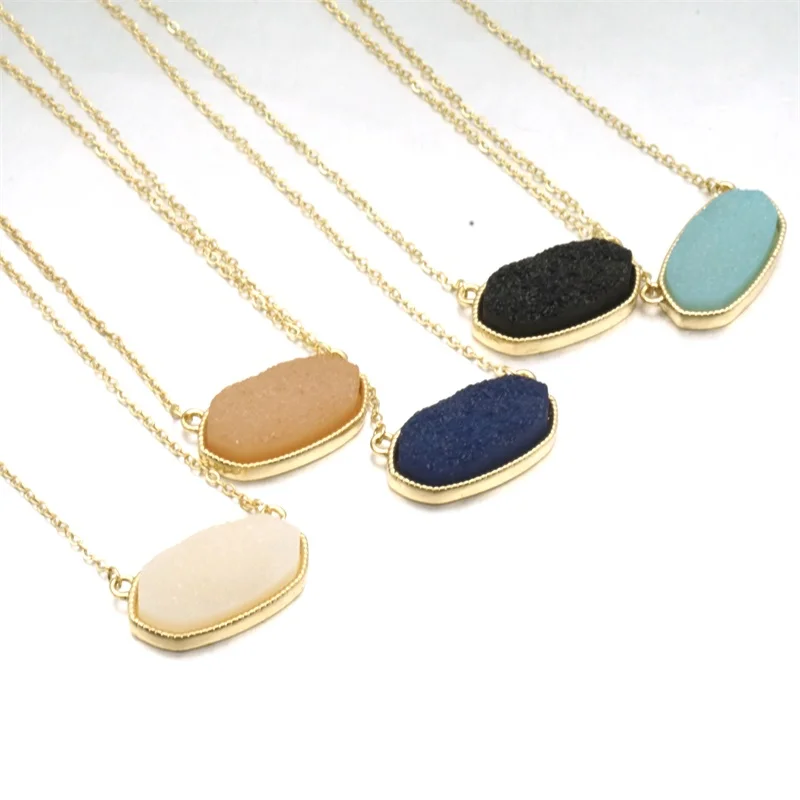 7 цветов Druzy Кулон из друзы ожерелья Шестигранная Смола Druse золотой воротник