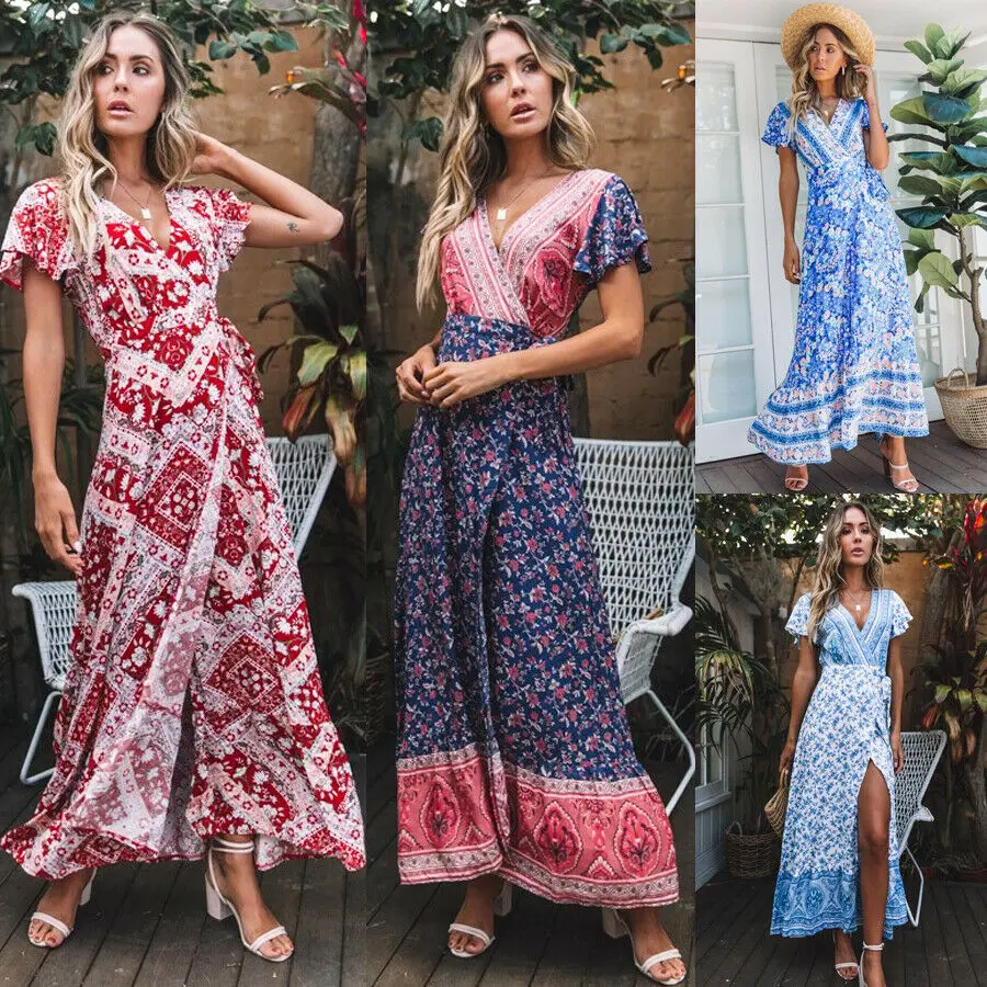 2019 летние Для женщин Boho Цветочные туника с коротким рукавом вечернее пляжное