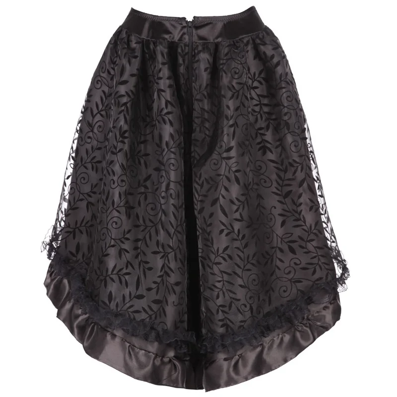 

Sladuo Retro Black Ruffled Satin & Lace Trim Hight Low Gothic Skirt Women Vintage Steampunk Skirt Cosplay Costumes
