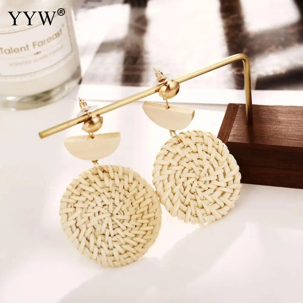 2019 Trendy Handmade Drop Earrings For Women Wooden Straw Weave Rattan Big Round Geometry Sector Wedding Dangle Jewelry | Украшения и
