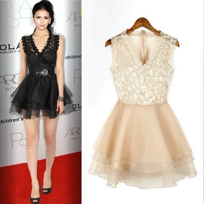 New 2014 Summer Women evening Dress Sleeveless V-neck Lace Mini Black Apricot Sexy Party Dresses casual Vestido De Festa | Женская