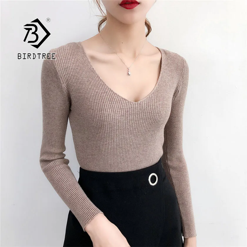2019 Autumn Women's Knitting Pullovers Sweater V-neck Long Sleeve Slim Tight Solid Korean Casual Fashion Elegant Tops T97411D | Женская