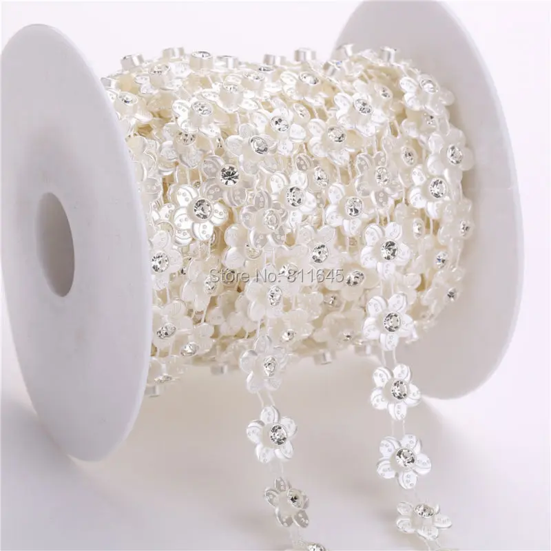 

10yards/lot boutique 12mm pearl flower base Rhinestone chain glitter Diy rhinestone chains For Dress wholesale!beads chain