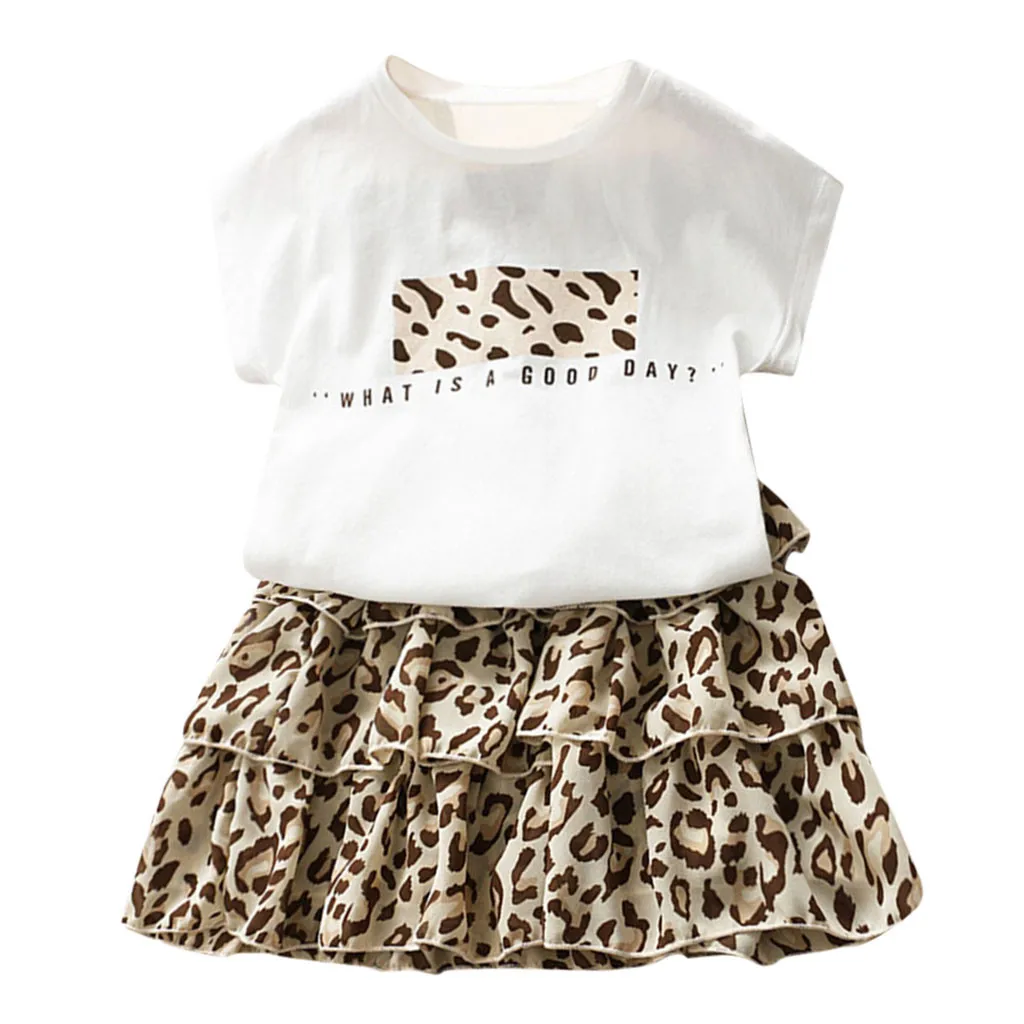 Toddler Kid Baby Girls Outfits Clothes Letter T-Shirt Top+Leopard Cake Skirt Set | Детская одежда и обувь