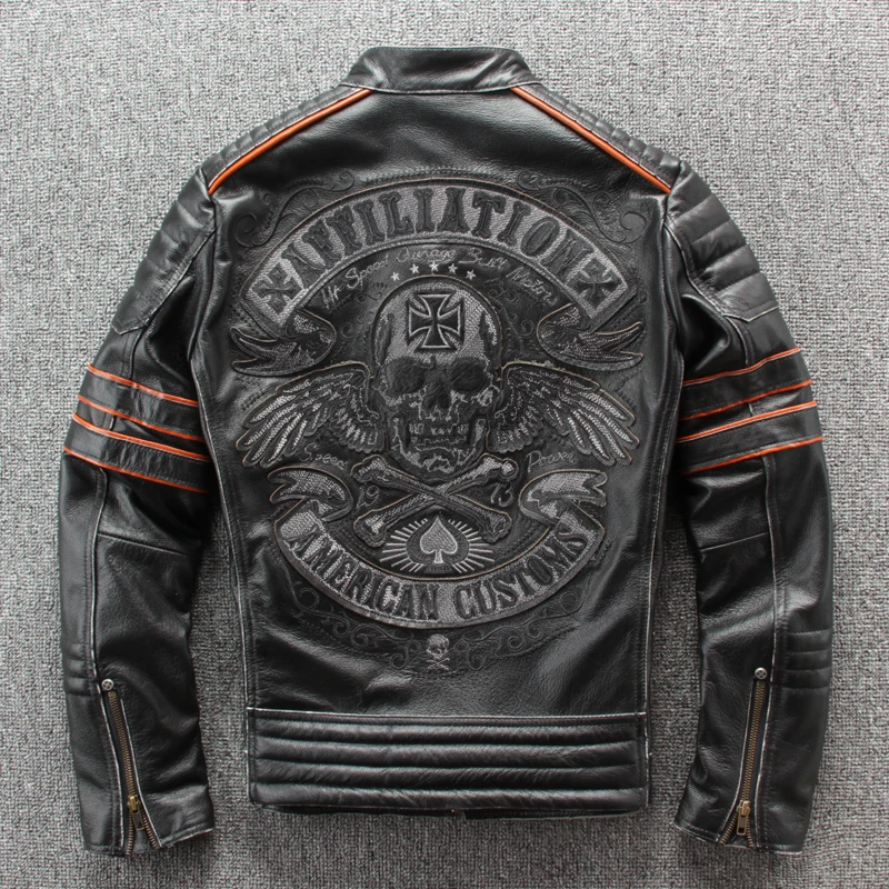

2019 New Men Vintage Black Embroidery Skulls Biker's Leather Jacket Plus Size 4XL Genuine Cowhide Slim Fit Motorcycle Coat