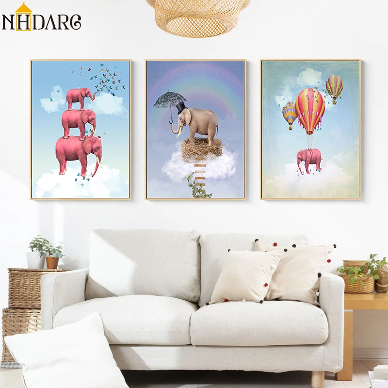 

Surrealism Animal Elephant Hot Air Balloon Posters and Prints Canvas Painting Pictures for Living Room Kids Wall Art Home Decor
