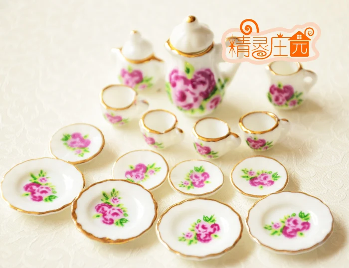 

G05-X4328 children baby gift Toy 1:12 Dollhouse mini Furniture Miniature rement ceramics tea set 15pcs/set Purple Rose