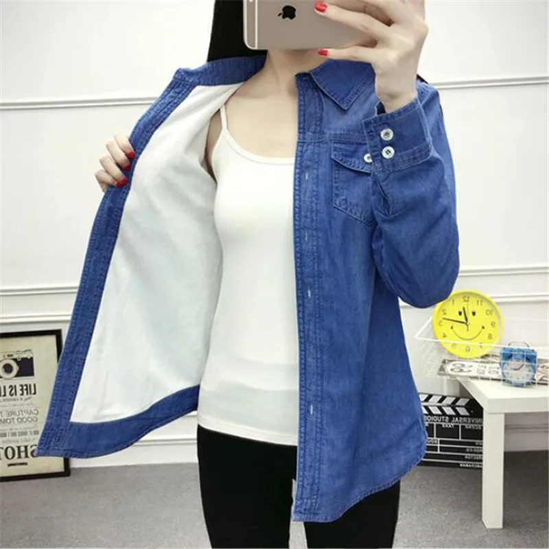 Winter long sleeve denim warm plus velvet shirt ladies casual solid color tops 2019 new wild Denim female AS819 | Женская одежда