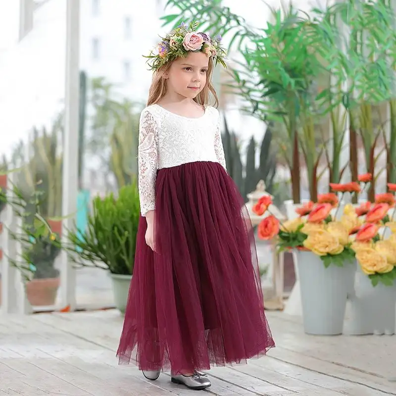plum red Платье принцессы для девочек свадебное платье длиной до щиколотки белое кружевное пляжное платье с ресничками на спине одежда для детей E15177 - Цвет: plum red
