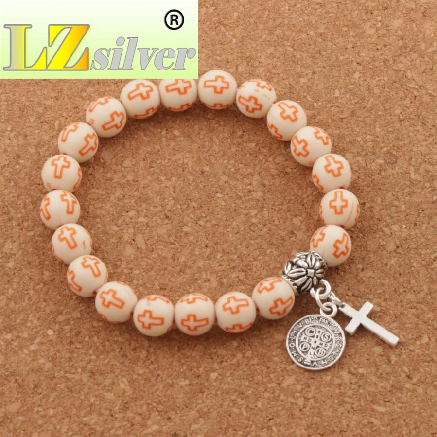 

20PCS Saint Benedict Evil Protection Cross Charm Spring Beaded Bracelets 14Colors Acrylic Hollow Cross 8mm Round Bracelet BB45
