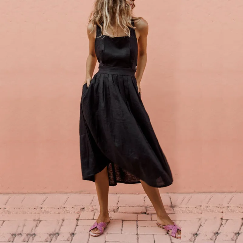 Женское платье с открытой спиной Пляжное миди квадратным воротником Бандажное