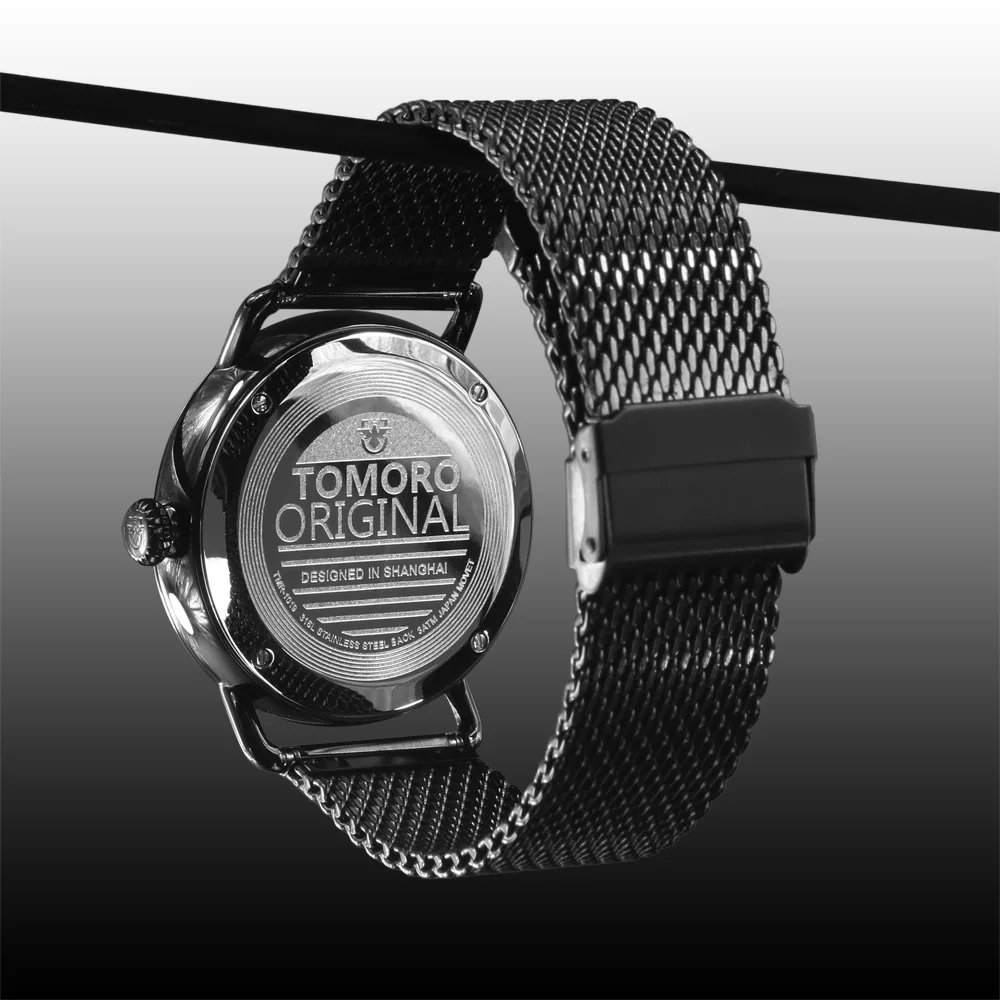 

TOMORO Luxury Brand Mens Vogue Top Creative Quartz Hour All Black Stainless Steel Mesh Strap Men Casual Waterproof Gift Watches