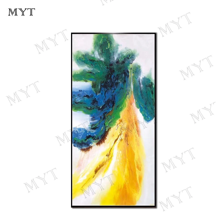 Желтая/зеленая абстрактная картина маслом на холсте ручной работы