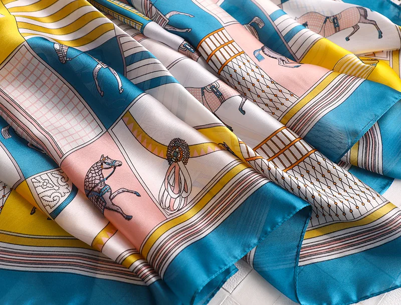 New European fashion retro versatile beach towel female silk office shawl Horse print printing sunscreen silk scarf hot sale