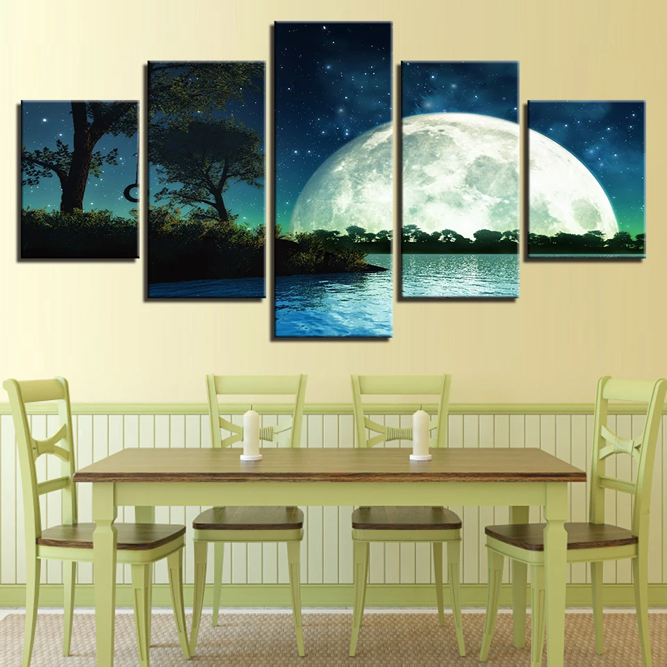 Картины HD в рамке напечатанные современные холсты 5 панелей луна звезды светит