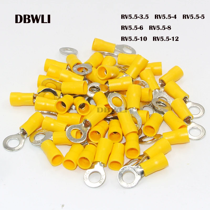 

50PCS RV5.5-4 RV5.5-5 RV5.5-6 RV5.5-8 Yellow Ring insulated terminal cable Crimp Terminal suit 4-6mm2 Cable Wire Connector