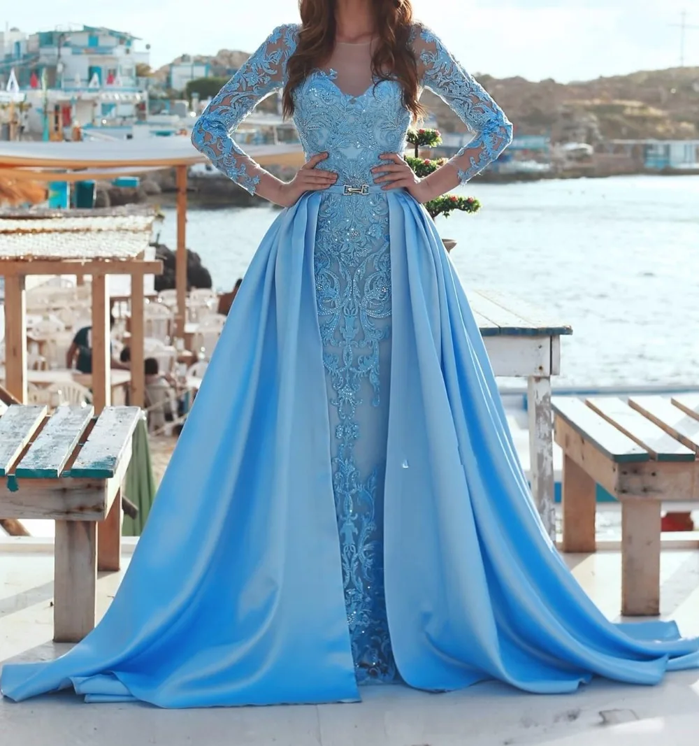 

Женское вечернее платье с длинным рукавом abendkleider, синее кружевное платье с длинным рукавом для выпускного вечера, 2019
