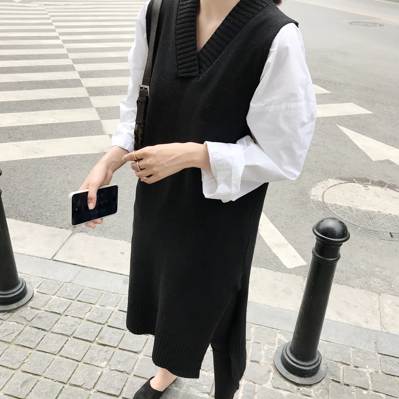 Осень 2019 новинка Женский Длинный жилет платье свитер трикотажное v образный