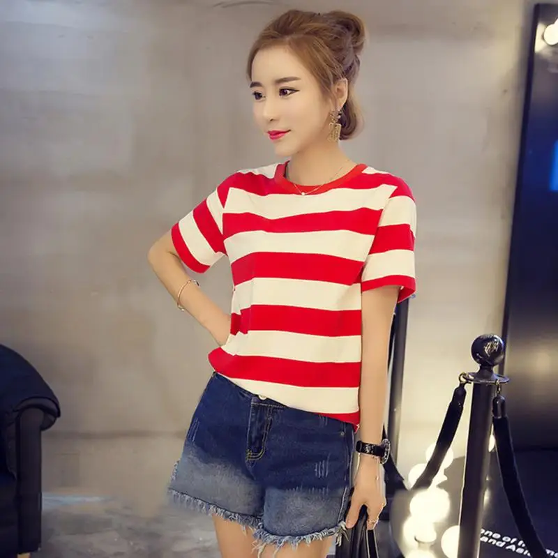 Модные летние Для женщин Свободные Тонкий футболка большой Размеры полосатый