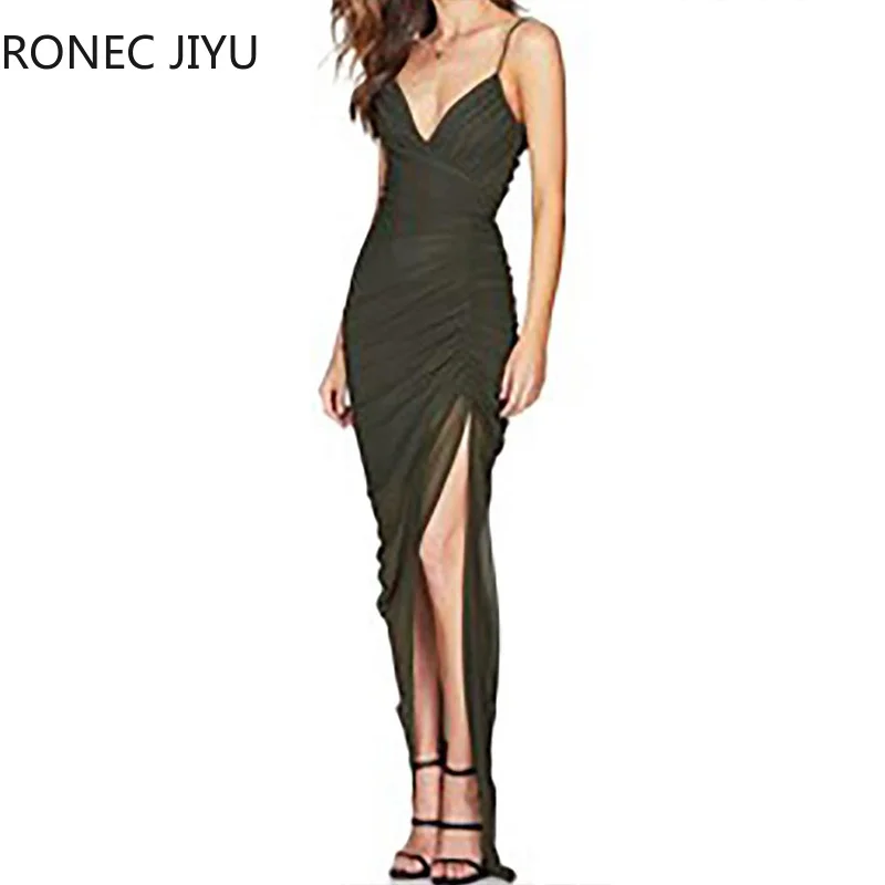 Женщины Спагетти ремень сетки Ruched щелевой платье Bodycon платье|Женские платья| |