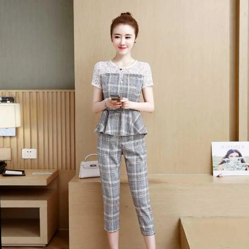 Для женщин летние клетчатые наборы для ухода за кожей Топ и штаны комплект из