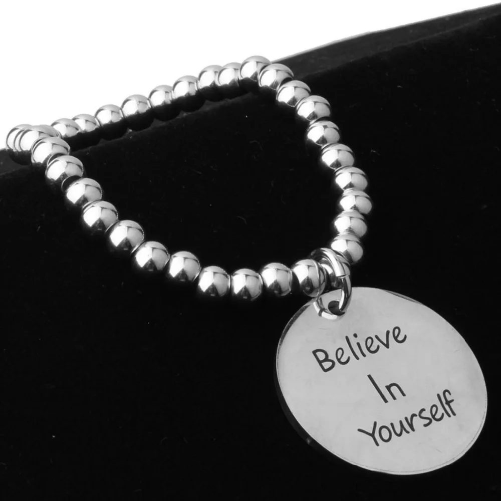 New Arrival Fashion Silver Stainless Steel Beaded Ball Handmade Bracelet &quotBelieve in Yourself&quot Round Charm 8mm7.5&quot | Украшения