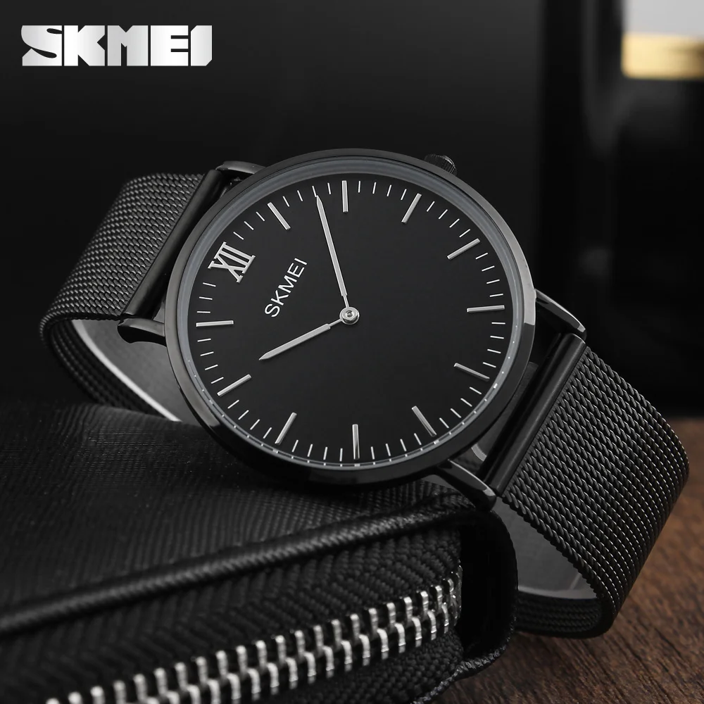 SKMEI новые топ роскошные часы мужские Брендовые мужские часы ультра тонкие из нержавеющей стали сетчатый ремешок кварцевые наручные часы модные мужские часы