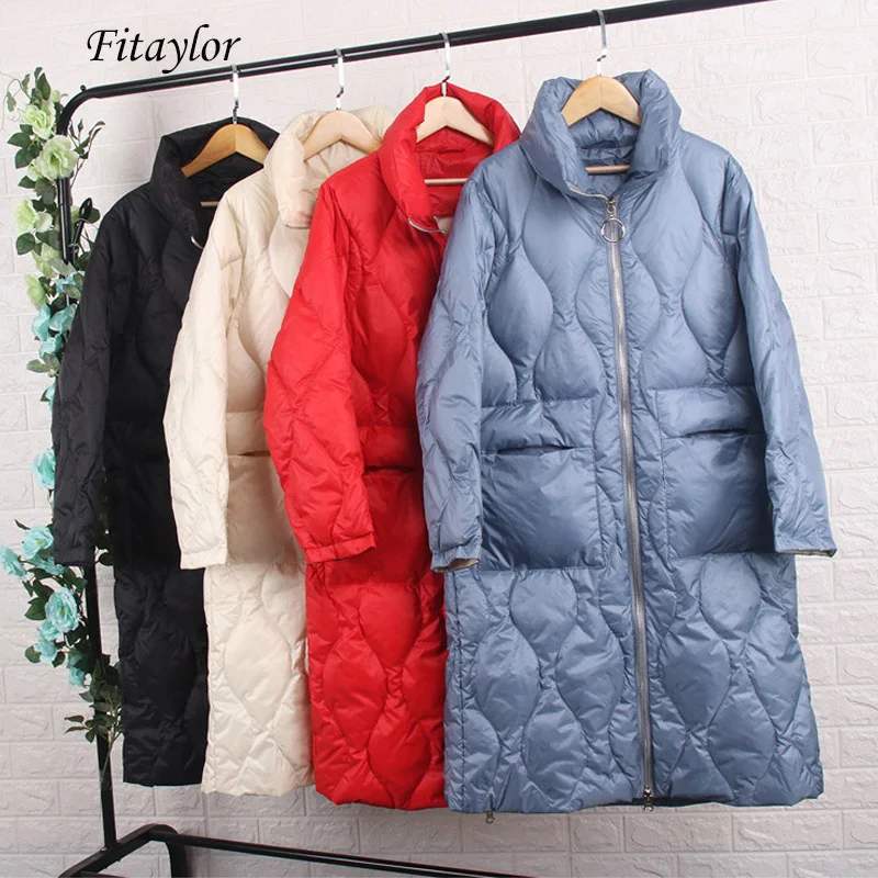 

Fitaylor New 2020 Winter Women Ultra Light Down Coat Medium Long Warm Parkas Stand Collar Long Sleeve Zipper Loose Outerwear