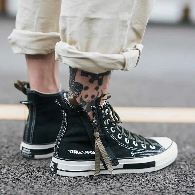 Men High Top Canvas Shoes Lace-up Sneakers Unisex Casual Shoes with Side Zipper Classic Retro Style Black High Quality Female - Цвет: black