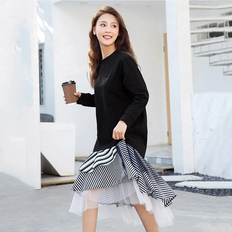 TWOTWINSTYLE корейское модное Сетчатое платье в стиле пэчворк Женский Круглый вырез