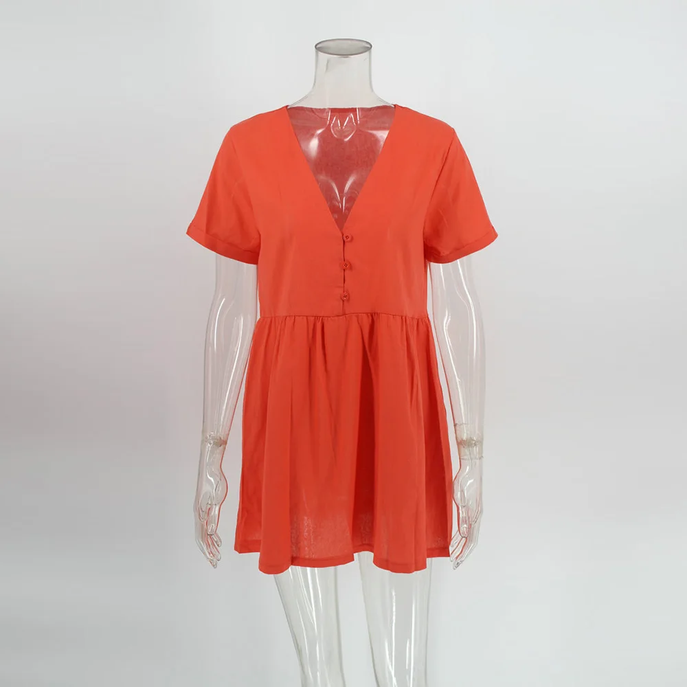 

WildPinky 2020 New Fashion Solid Elegant V neck Buttons Women Summer Dresses Casual Short Sleeve Beach Mini Dress Vestido Festa