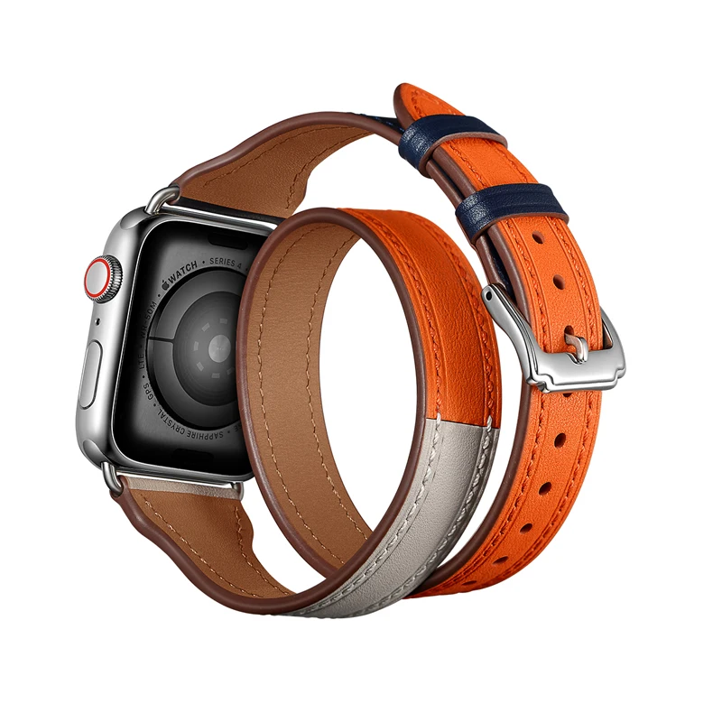 Ремешок из натуральной кожи для apple watch band 44 мм 40 42 38 двойной туристический браслет