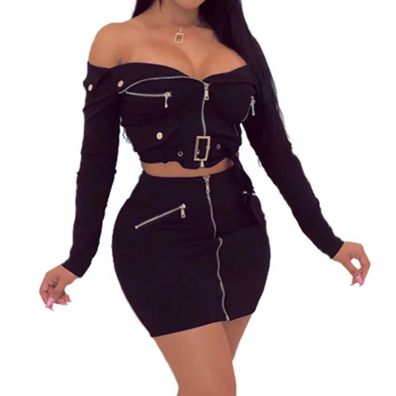 Женский комплект из 2 предметов Байкерский костюм с открытыми плечами и длинным