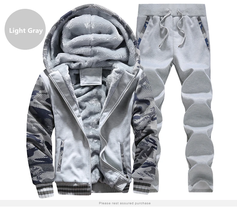 Mens Fleece Hoodies Tracksuit Winter Casual Hooded Warm Sweatshirts Male Thicken 2PC Jacket+Pant Suit Men Moleton Masculino