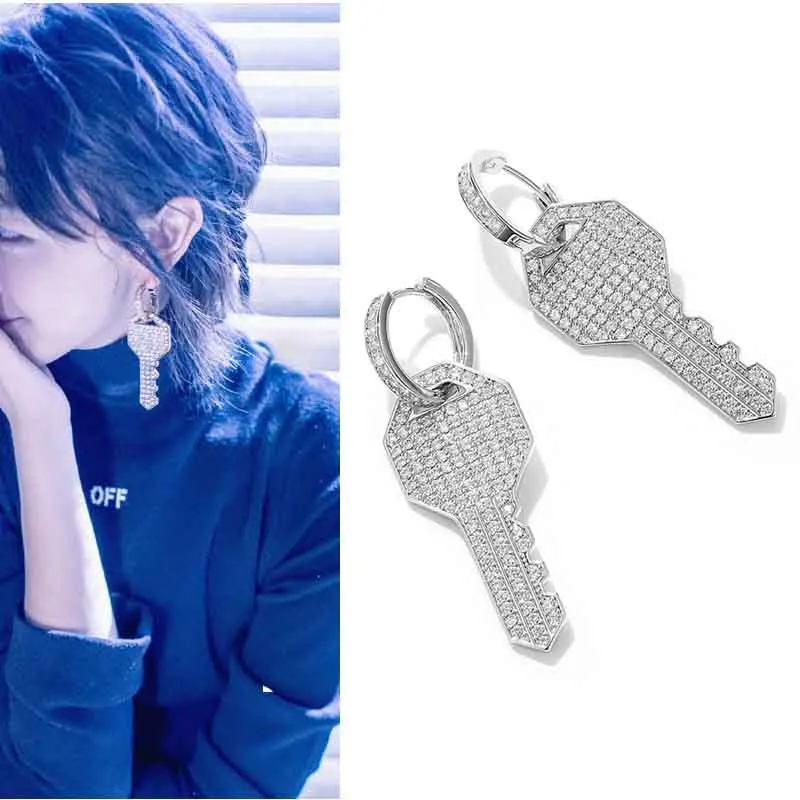 

New big Earrings Exaggeration Crystal Dangle Earrings Silver Color Key Drop Earrings Rhinestone Cubic Zircon Earrings Jewelry