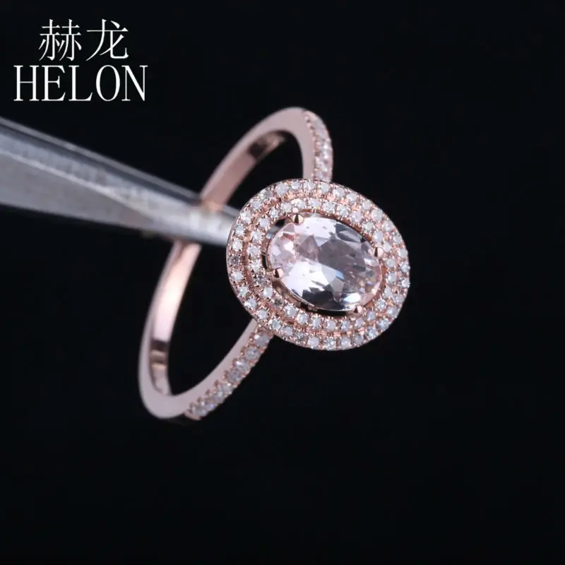 HELON женские ювелирные изделия 7x5 мм Овальный 0.62ct морганит 0.25ct алмаз два Halo обручальное кольцо установочное Твердое 14 к розовое золото