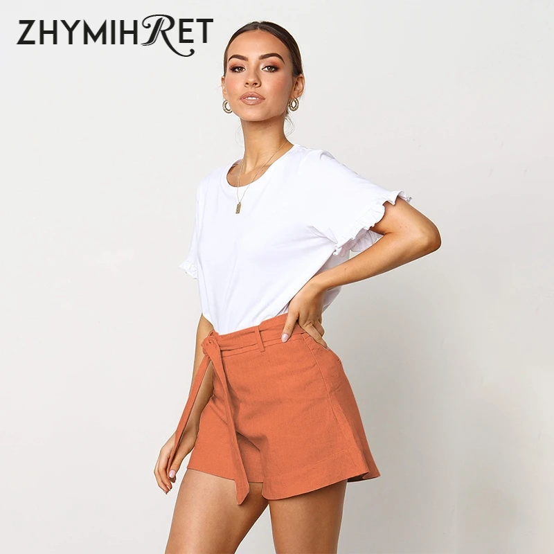 ZHYMIHRE галстук спереди Высокая талия льняные шорты Женские однотонные весна лето