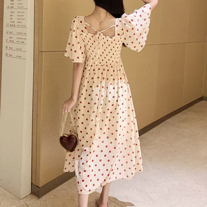 Summer Chiffon Dresses Women's Dot Leaves Print Short Sleeve Casual High Waist Square Collar Elegant vestidos | Женская одежда