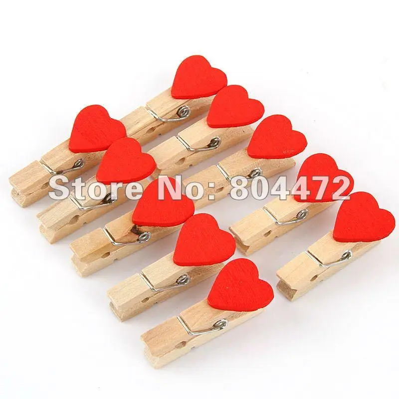 

200 pcs Clamp Clip Wood-made Cartoon Red Heart Lovely Clothespin Peg Wood Crafts Package Embellishment Wedding