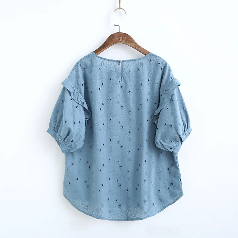 Women Embroidery Shirt Blouse O Neck Short Sleeve Solid Cotton Japan Style White Blue Womens Tops And Blouses S29522 |
