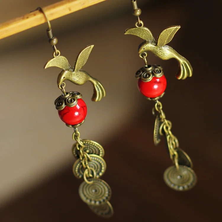 FREE SHIPPING Vintage Style Charming Retro Bronze Birds with Red Tur quoise Beads Elegant Pendulous Long Earrings Ethnic Jewelry | Украшения
